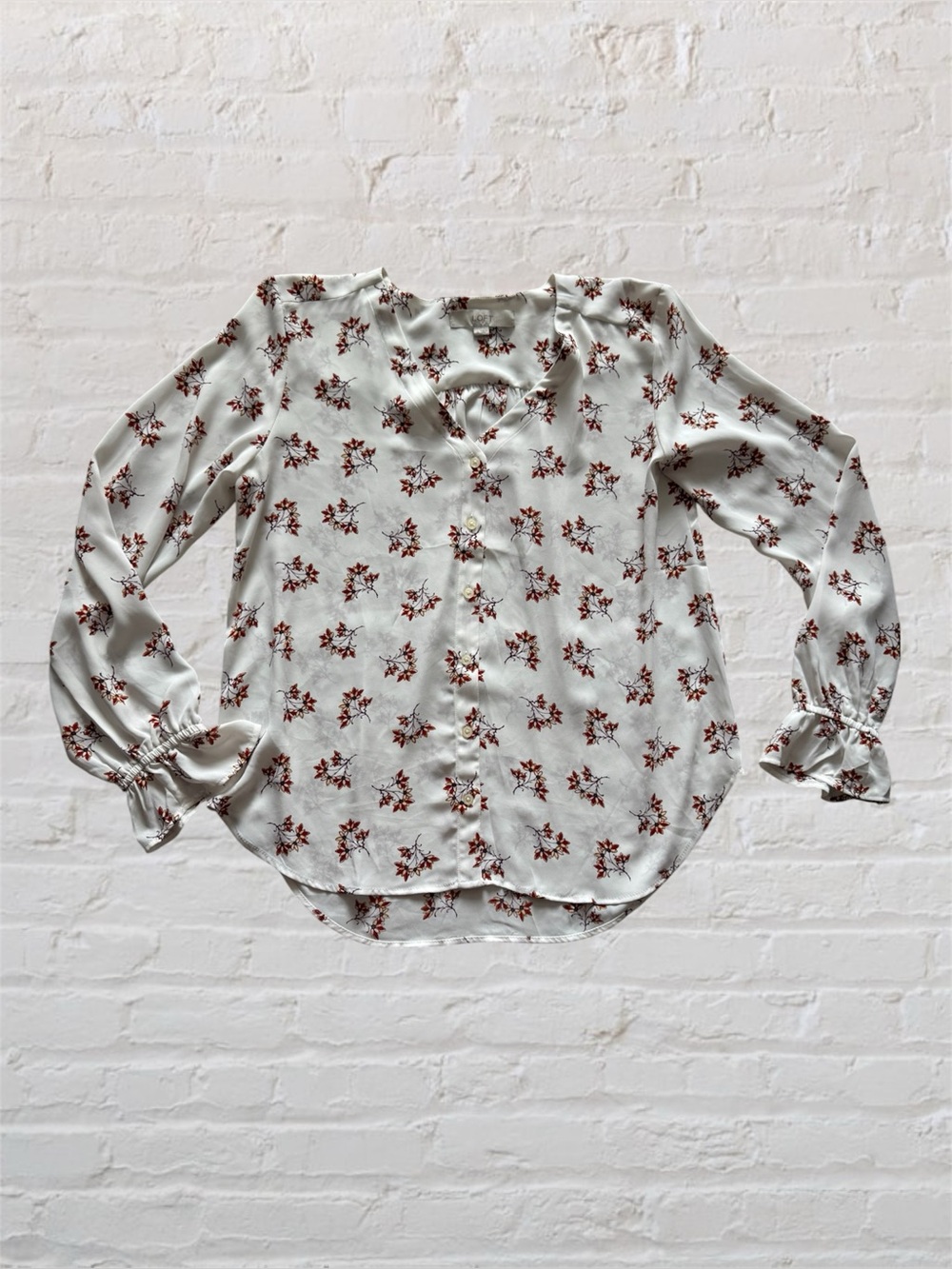 Loft ivory v-neck floral print button down ruffle sleeve detail blouse